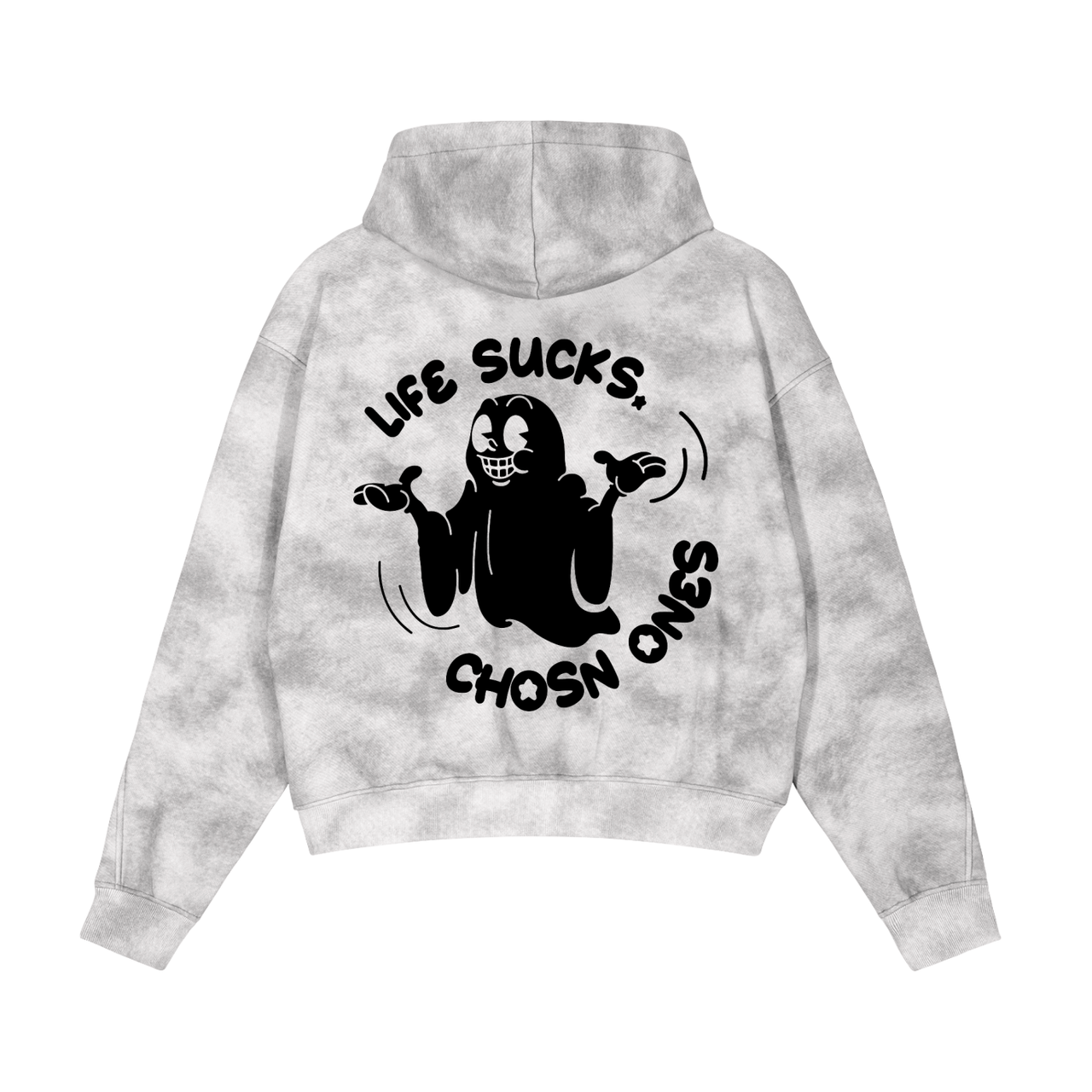 "LIFE SUCKS" Dirty Washed Boxy Zip-Up Hoodie - CHOSN
